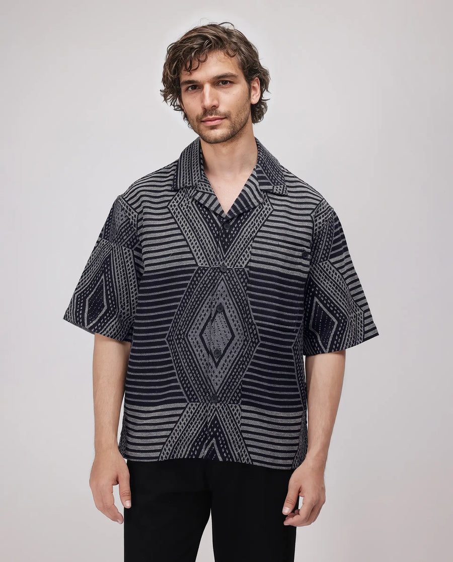 Rare Rabbit Men's Rhom Dark Navy Cotton Jacquard Oversized Fit Half Sleeve Cuban Collar Shirt