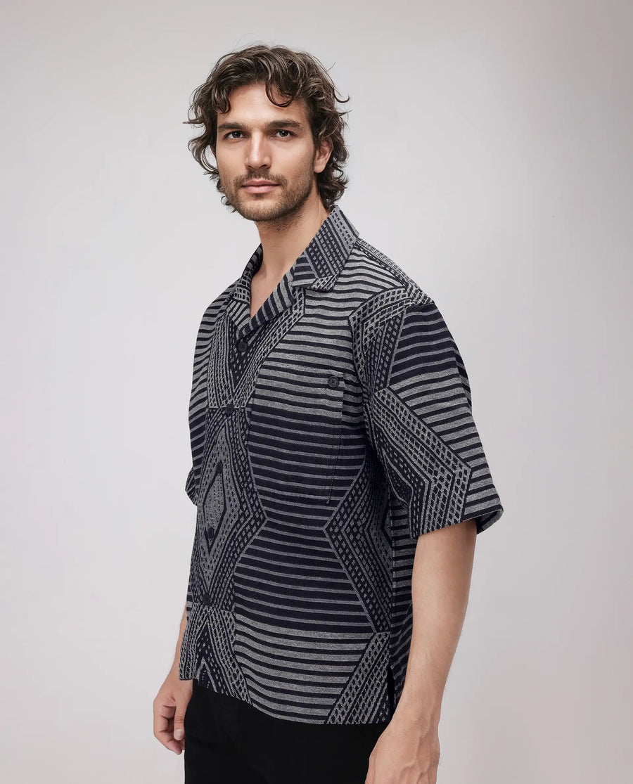 Rare Rabbit Men's Rhom Dark Navy Cotton Jacquard Oversized Fit Half Sleeve Cuban Collar Shirt