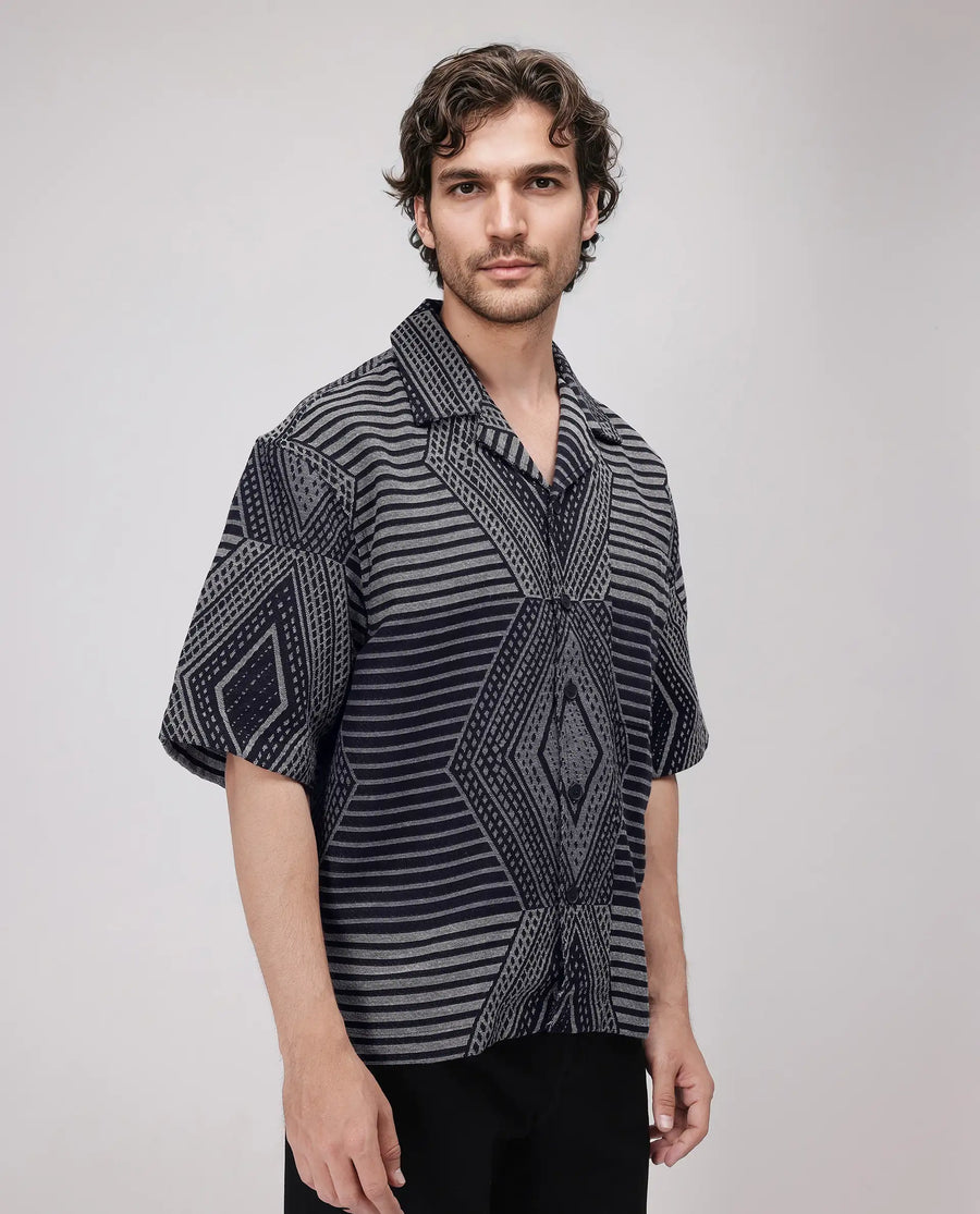 Rare Rabbit Men's Rhom Dark Navy Cotton Jacquard Oversized Fit Half Sleeve Cuban Collar Shirt