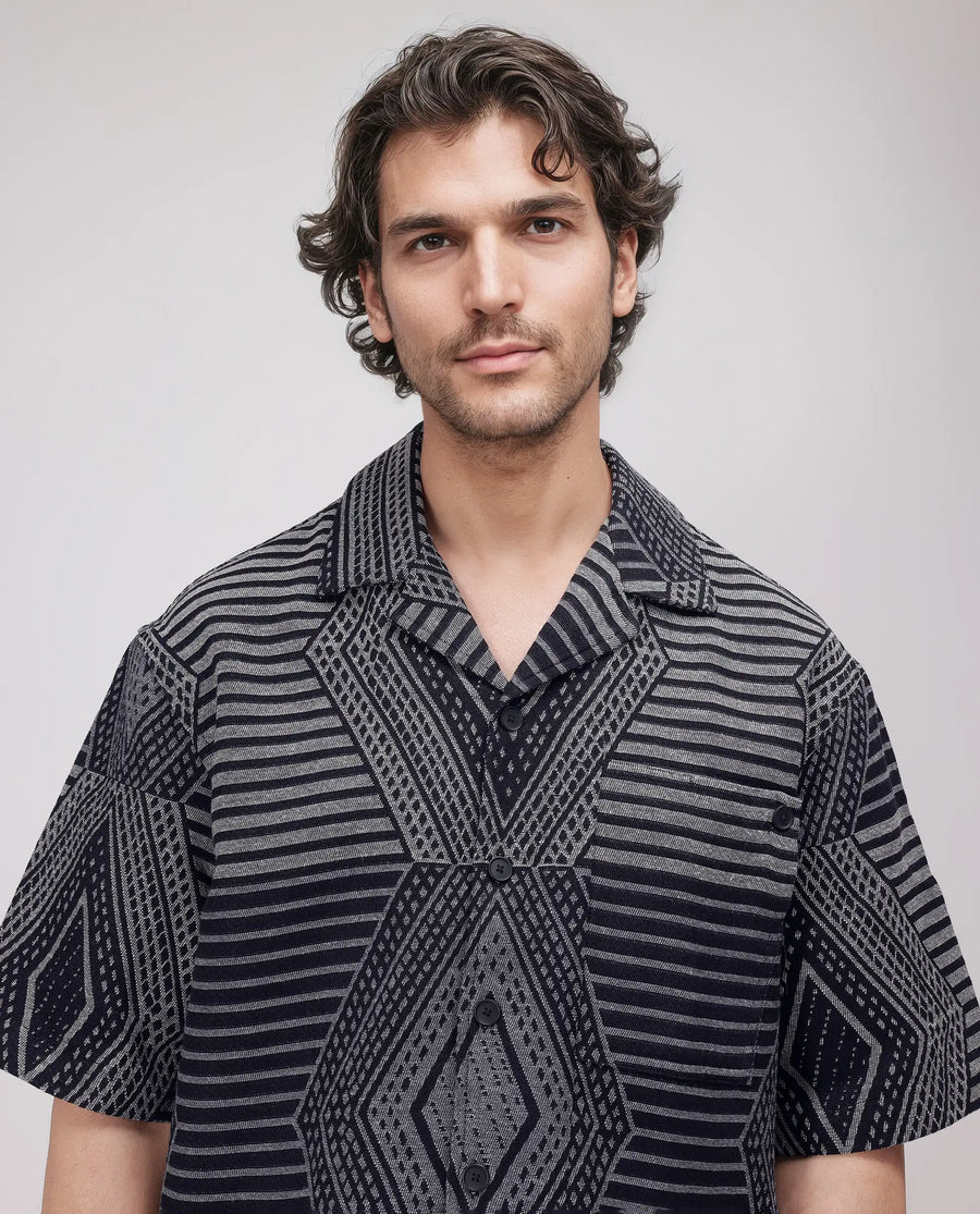 Rare Rabbit Men's Rhom Dark Navy Cotton Jacquard Oversized Fit Half Sleeve Cuban Collar Shirt