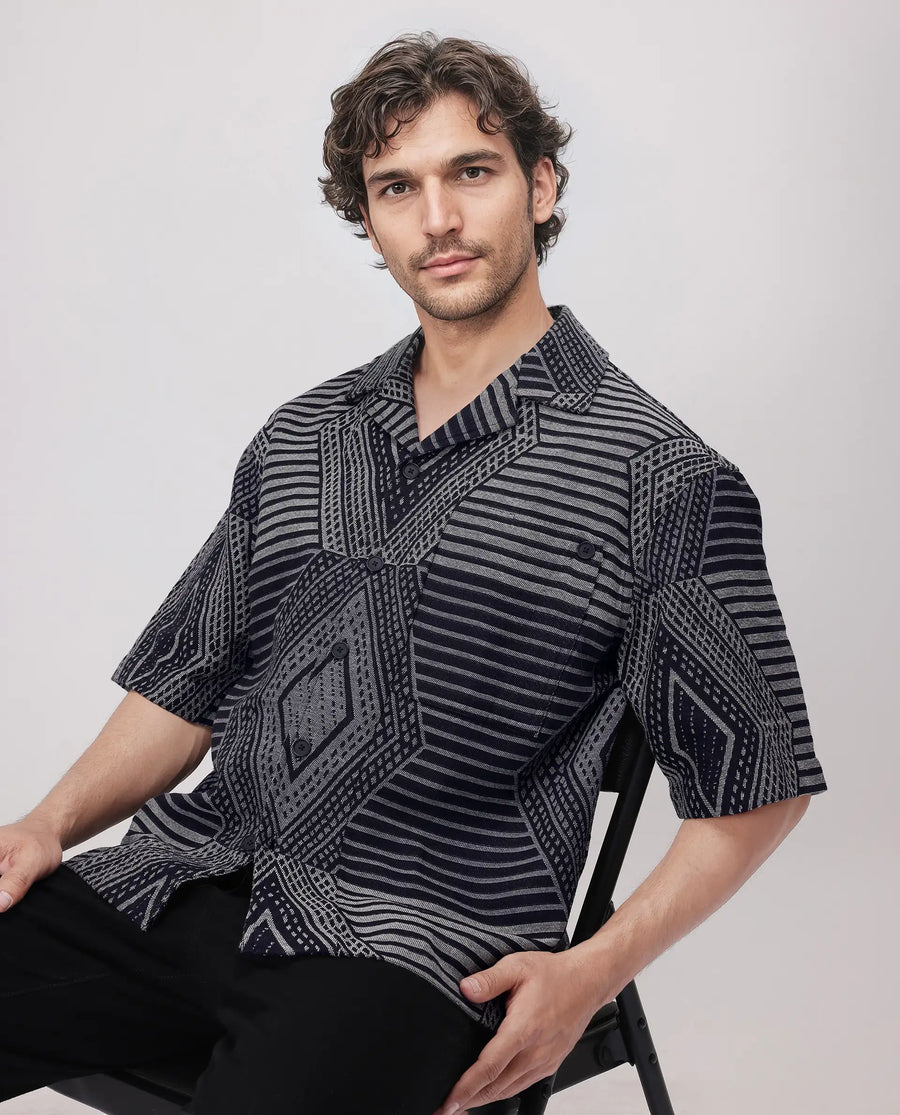 Rare Rabbit Men's Rhom Dark Navy Cotton Jacquard Oversized Fit Half Sleeve Cuban Collar Shirt
