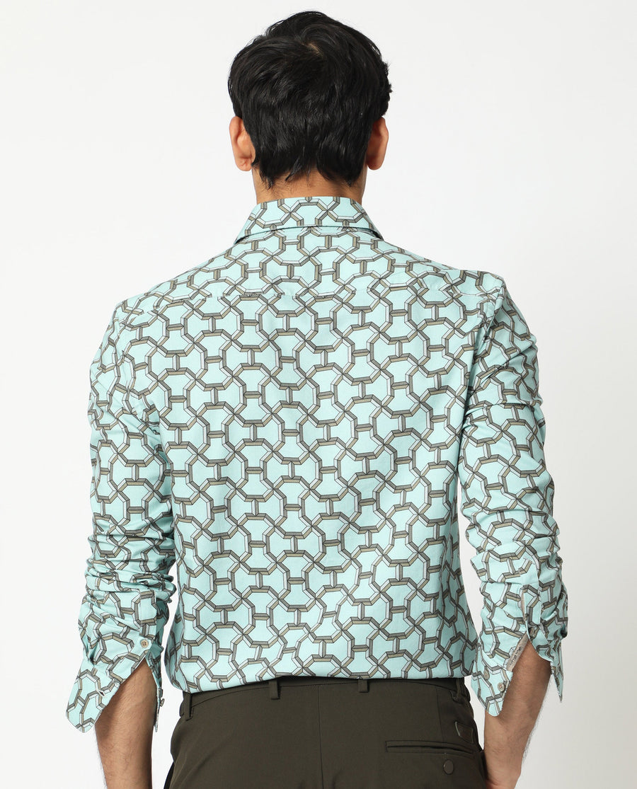 Rare Rabbit Men's Rhone Light Blue Cotton Geometric Print Regular Fit Full Sleeve Collared Shirt