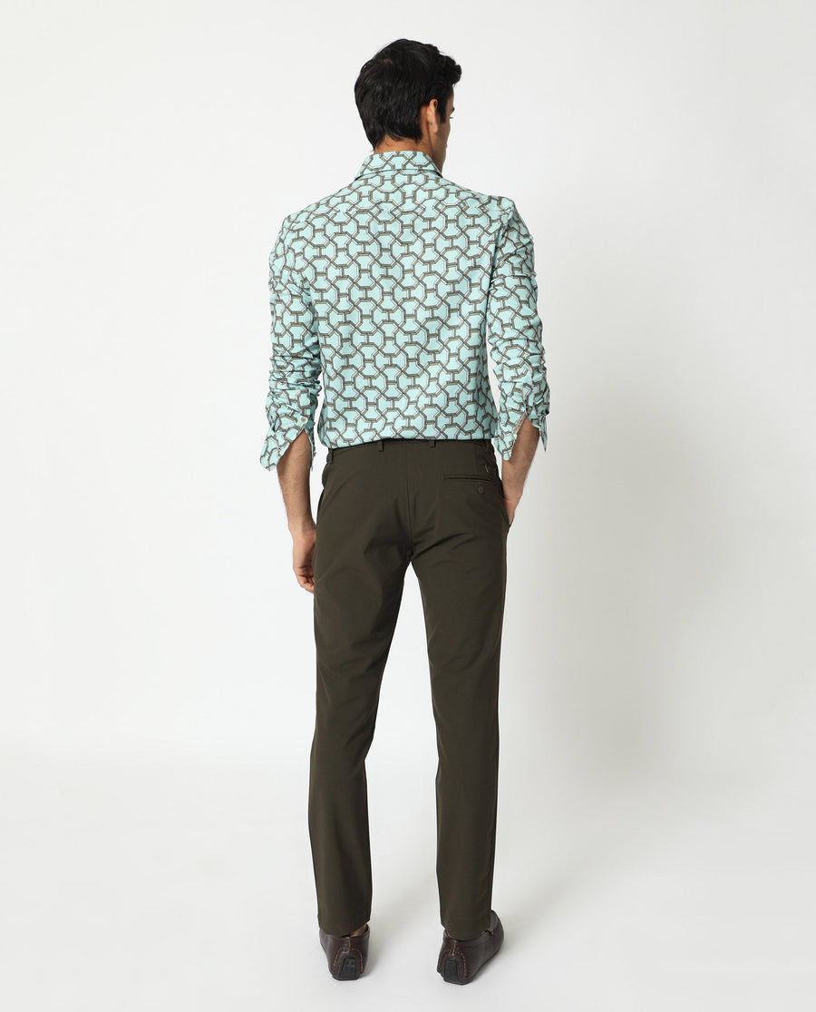 Rare Rabbit Men's Rhone Light Blue Cotton Geometric Print Regular Fit Full Sleeve Collared Shirt