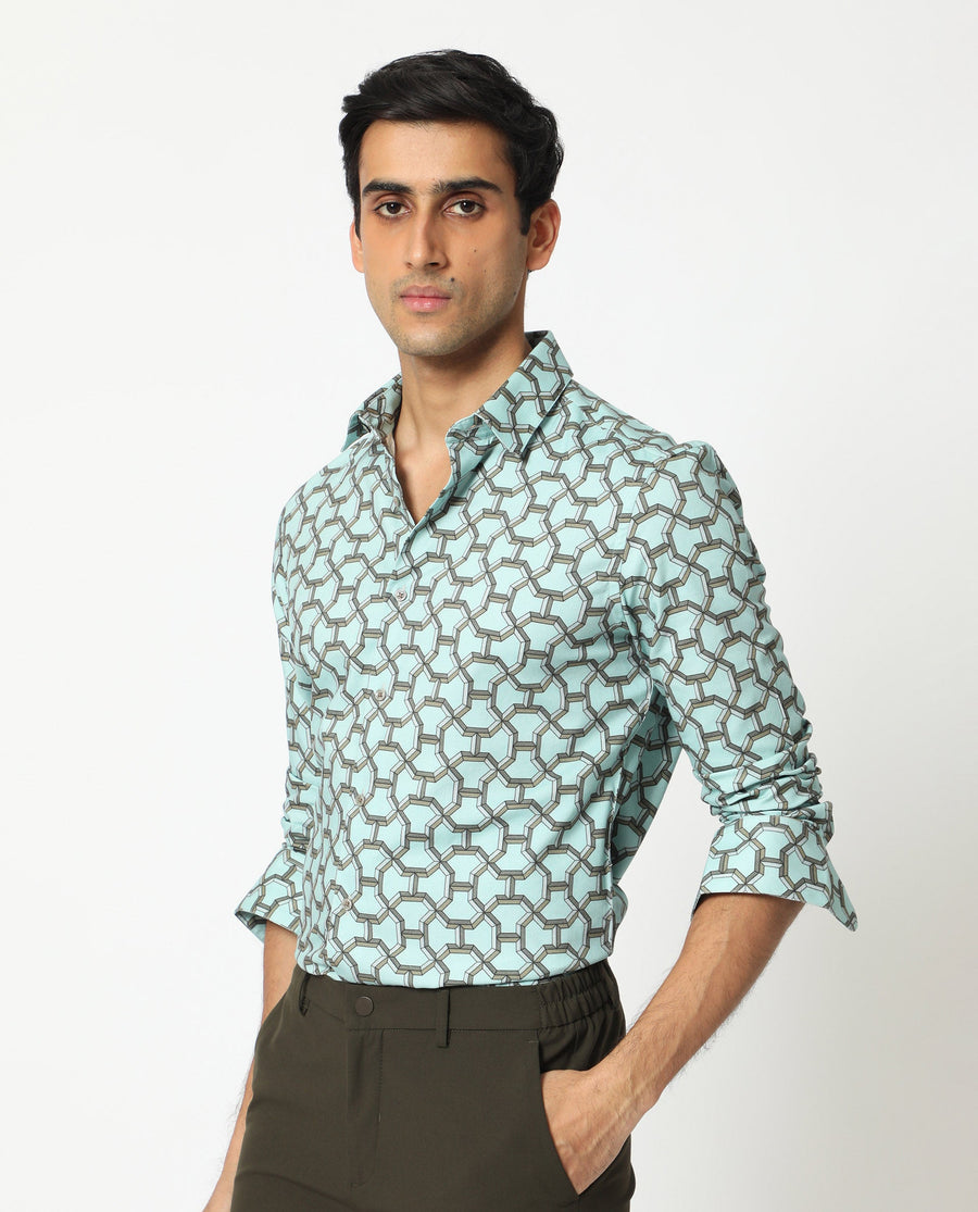 Rare Rabbit Men's Rhone Light Blue Cotton Geometric Print Regular Fit Full Sleeve Collared Shirt