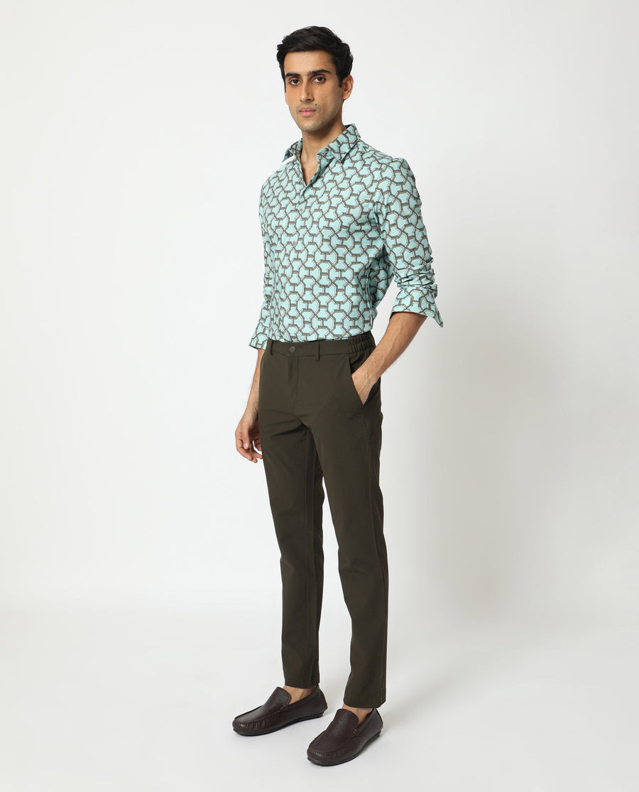 Rare Rabbit Men's Rhone Light Blue Cotton Geometric Print Regular Fit Full Sleeve Collared Shirt