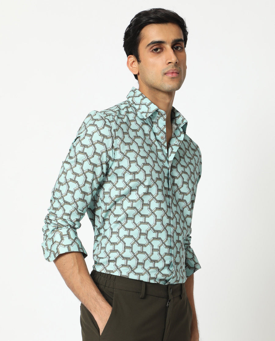 Rare Rabbit Men's Rhone Light Blue Cotton Geometric Print Regular Fit Full Sleeve Collared Shirt