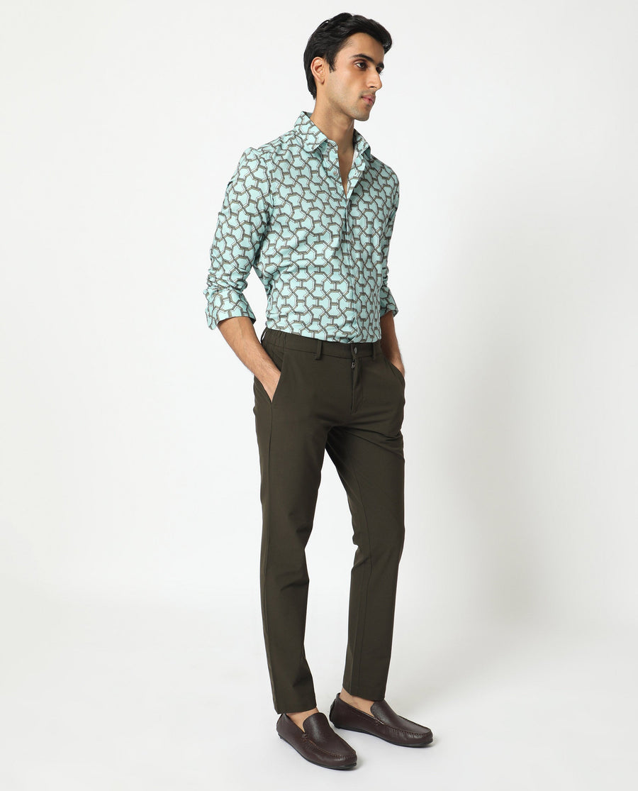 Rare Rabbit Men's Rhone Light Blue Cotton Geometric Print Regular Fit Full Sleeve Collared Shirt