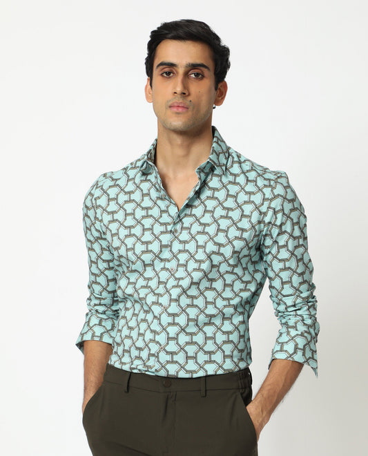 Rare Rabbit Men's Rhone Light Blue Cotton Geometric Print Regular Fit Full Sleeve Collared Shirt
