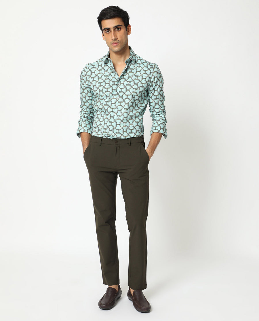 Rare Rabbit Men's Rhone Light Blue Cotton Geometric Print Regular Fit Full Sleeve Collared Shirt