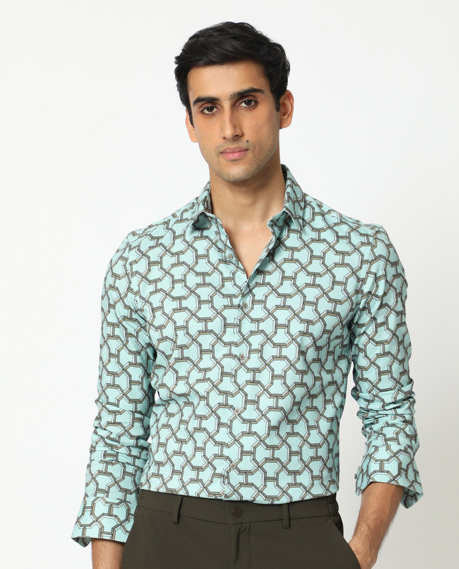 Rare Rabbit Men's Rhone Light Blue Cotton Geometric Print Regular Fit Full Sleeve Collared Shirt