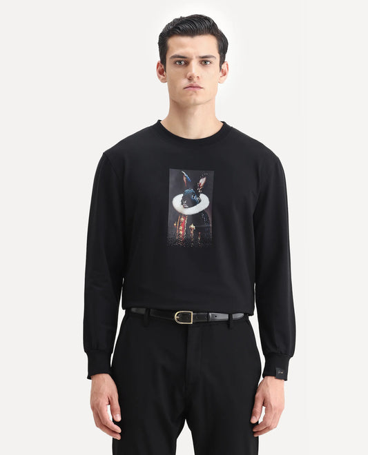 Rare Rabbit Men's Rib Black Cotton Plain Regular Fit Full Sleeve Crew Neck Sweatshirt