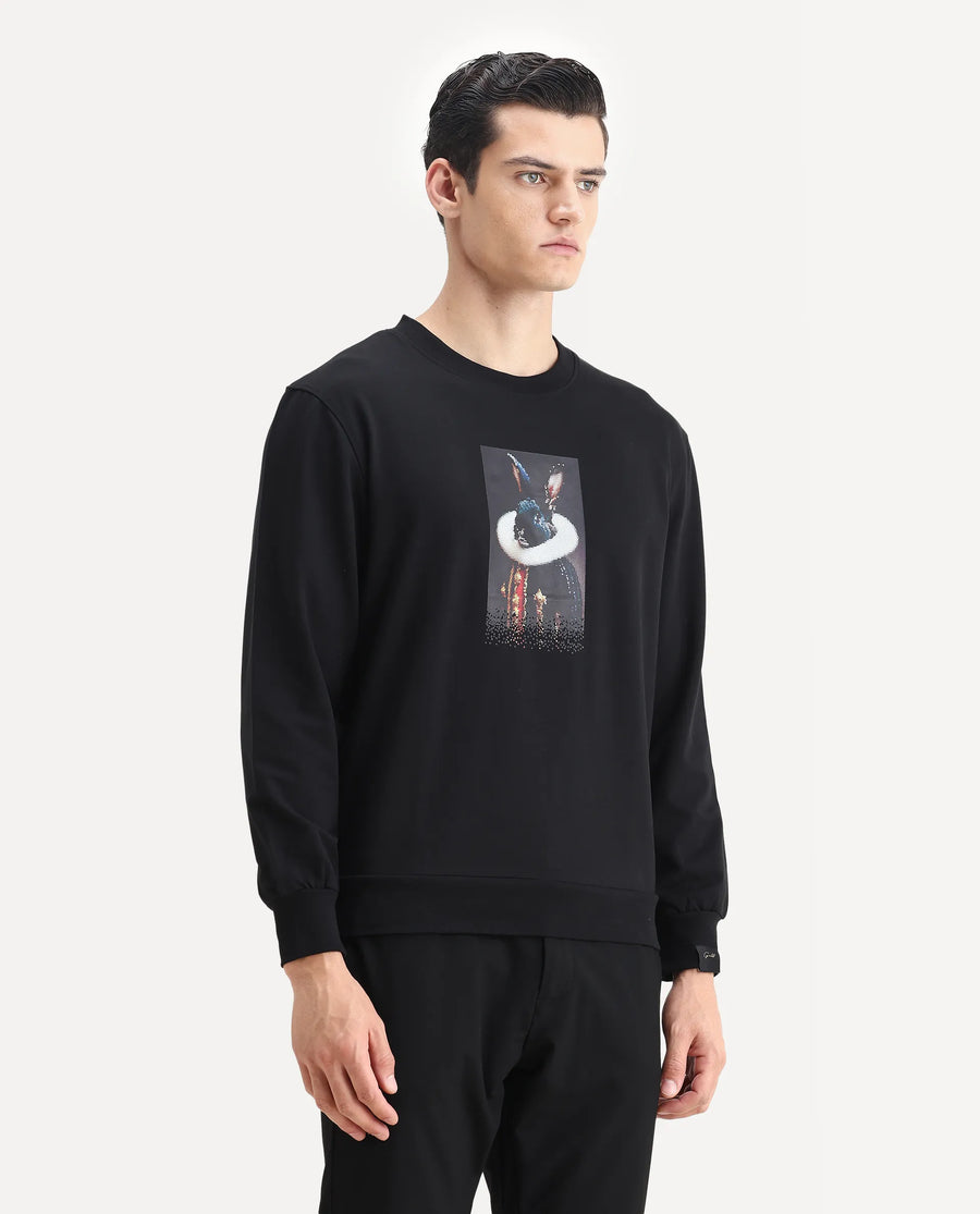 Rare Rabbit Men's Rib Black Cotton Plain Regular Fit Full Sleeve Crew Neck Sweatshirt