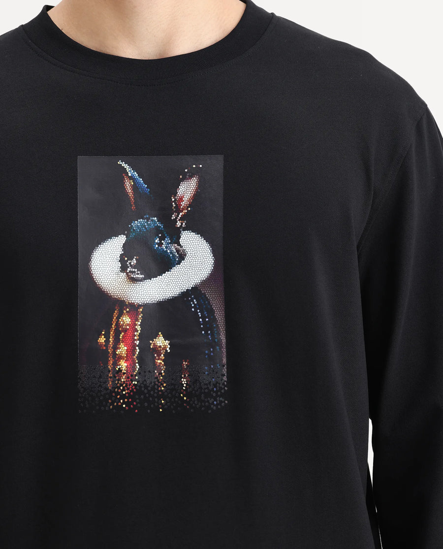 Rare Rabbit Men's Rib Black Cotton Plain Regular Fit Full Sleeve Crew Neck Sweatshirt
