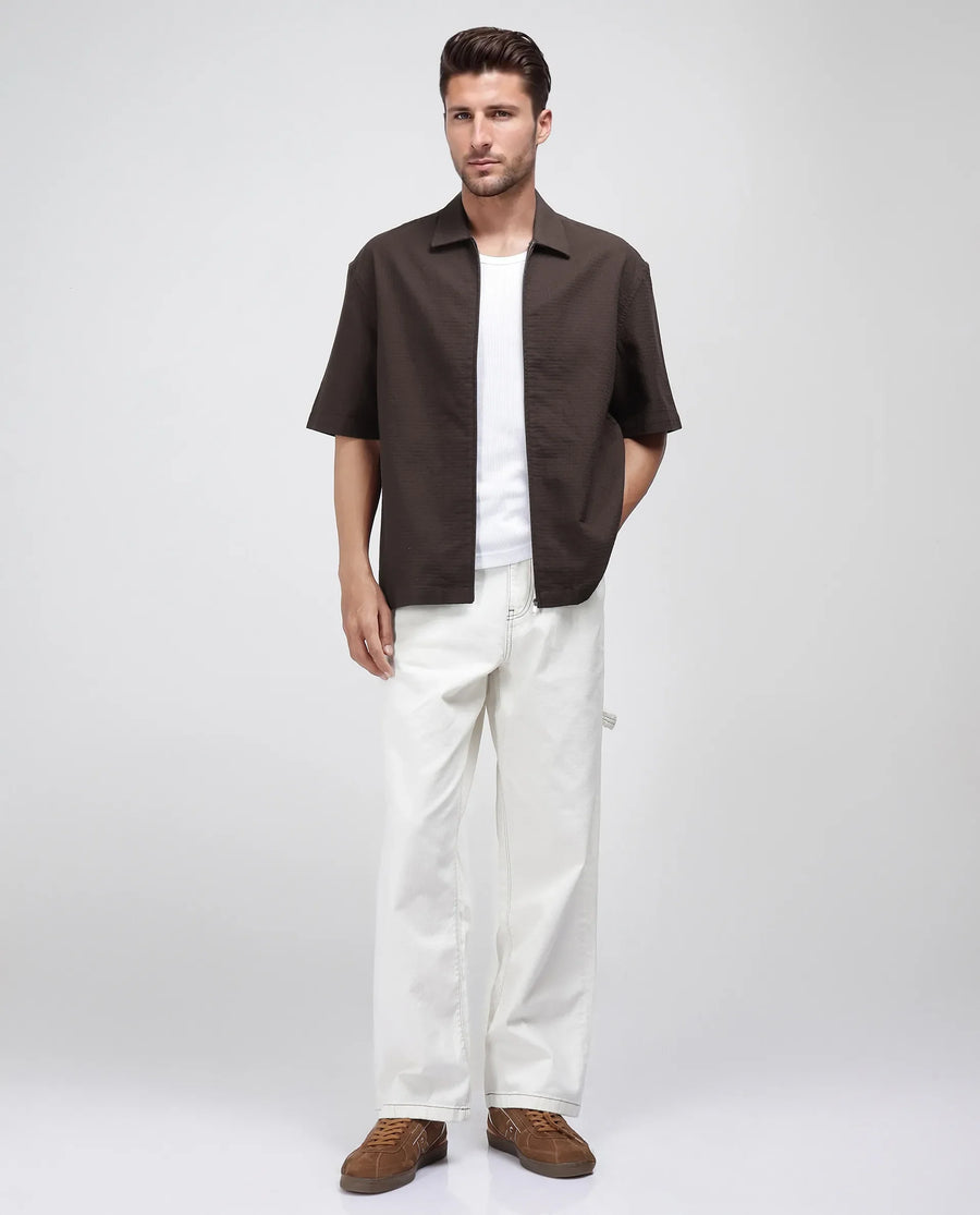 Rare Rabbit Men's Rics Dark Brown Cotton Textured Boxy Fit Half Sleeve Collared Shirt