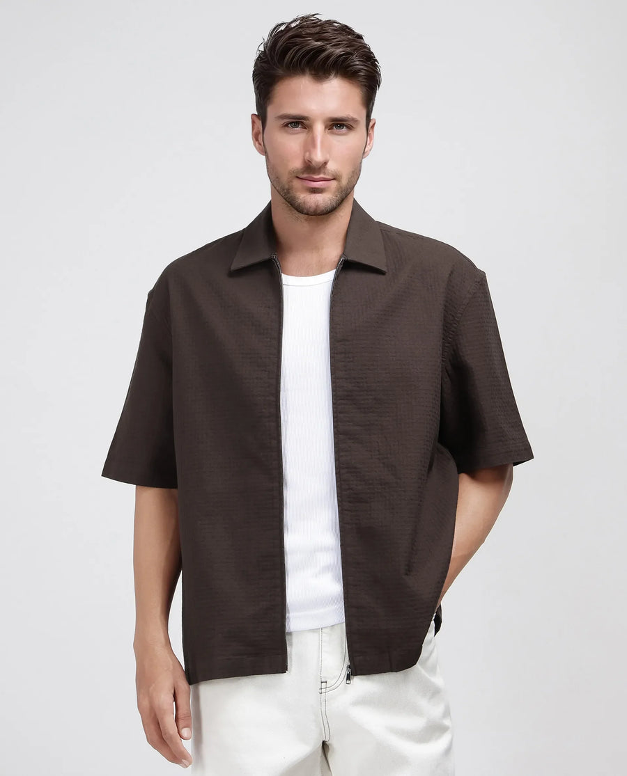 Rare Rabbit Men's Rics Dark Brown Cotton Textured Boxy Fit Half Sleeve Collared Shirt