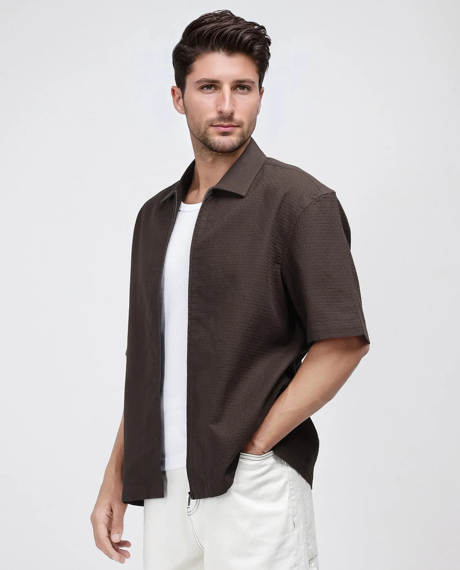 Rare Rabbit Men's Rics Dark Brown Cotton Textured Boxy Fit Half Sleeve Collared Shirt