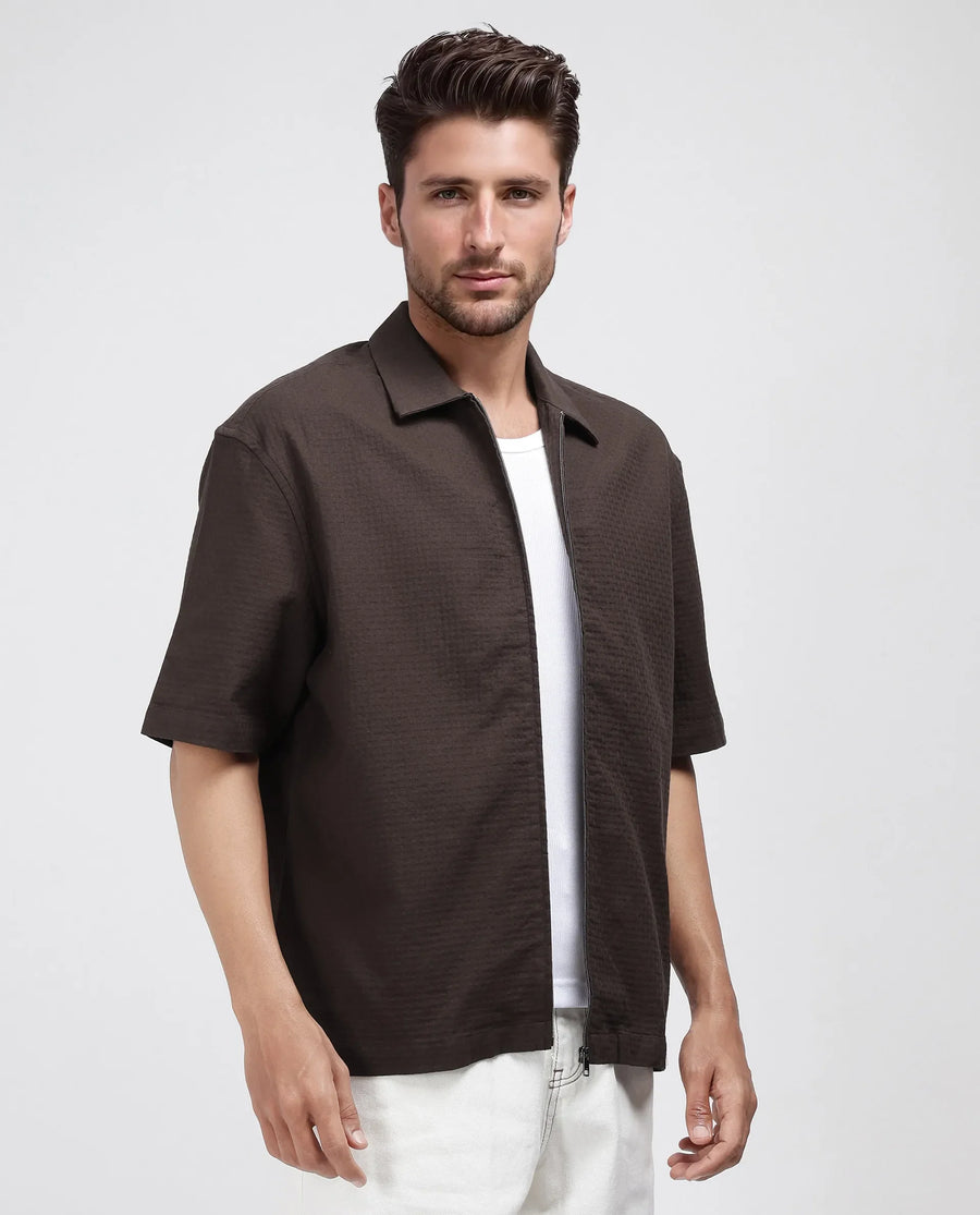 Rare Rabbit Men's Rics Dark Brown Cotton Textured Boxy Fit Half Sleeve Collared Shirt
