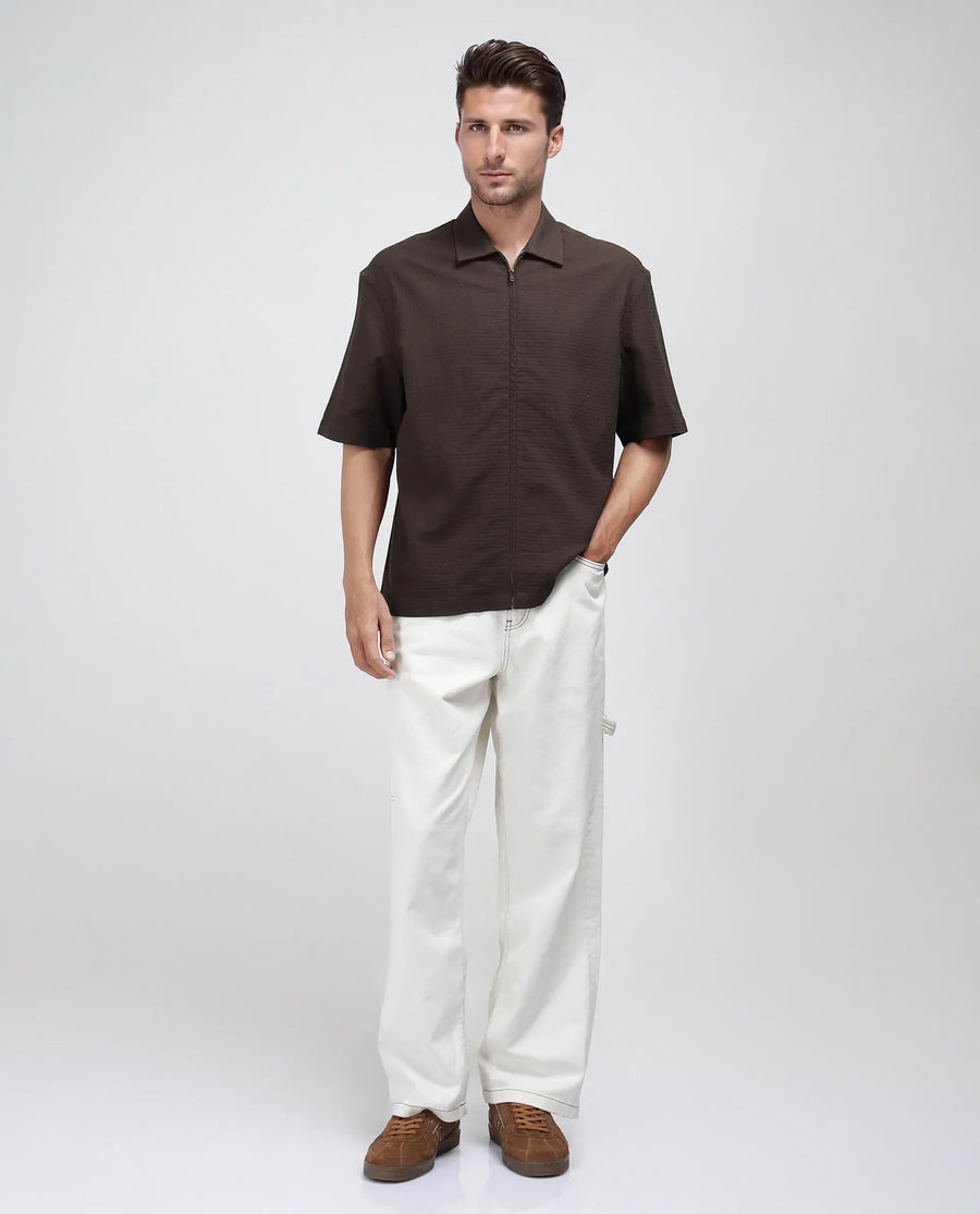 Rare Rabbit Men's Rics Dark Brown Cotton Textured Boxy Fit Half Sleeve Collared Shirt