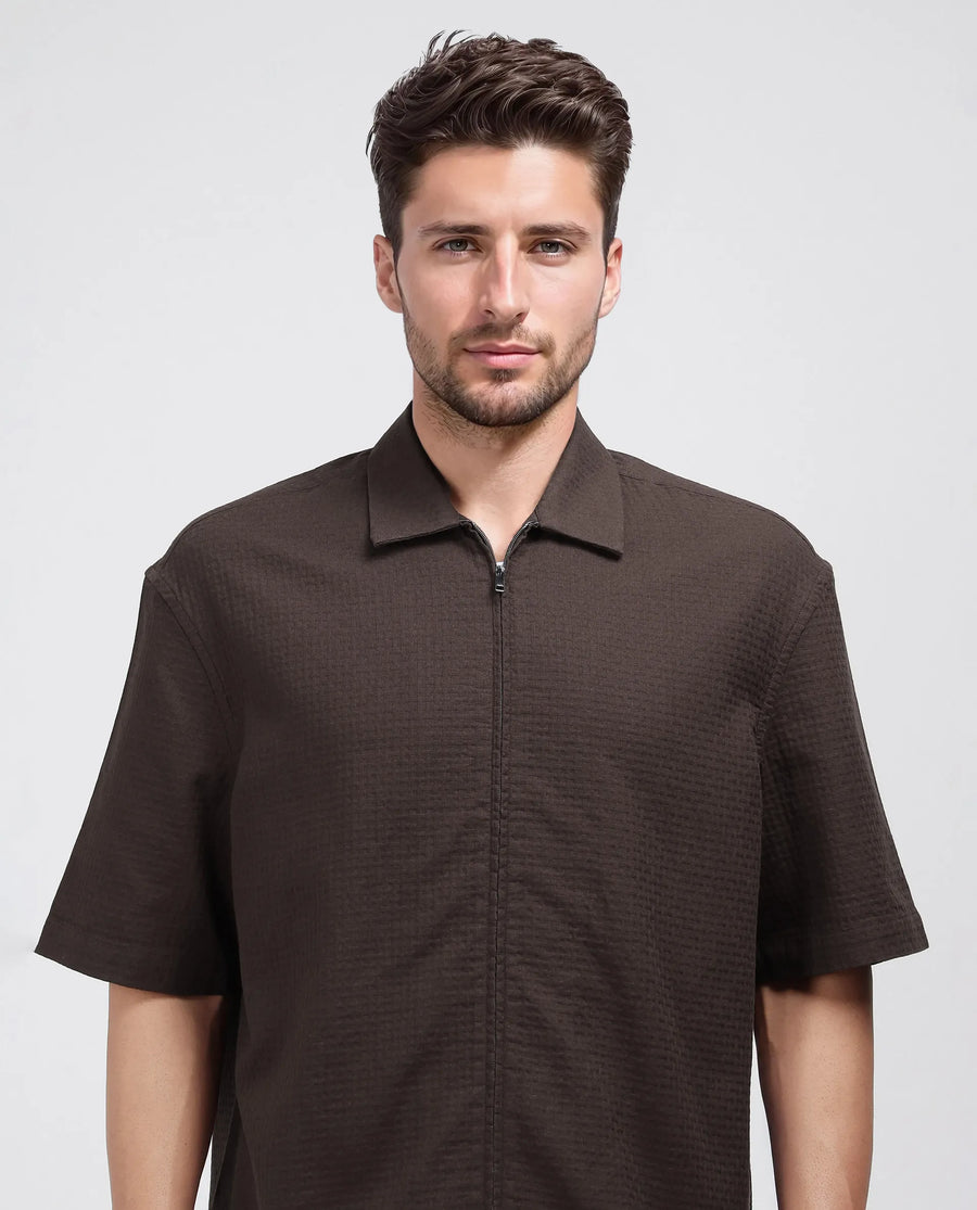 Rare Rabbit Men's Rics Dark Brown Cotton Textured Boxy Fit Half Sleeve Collared Shirt