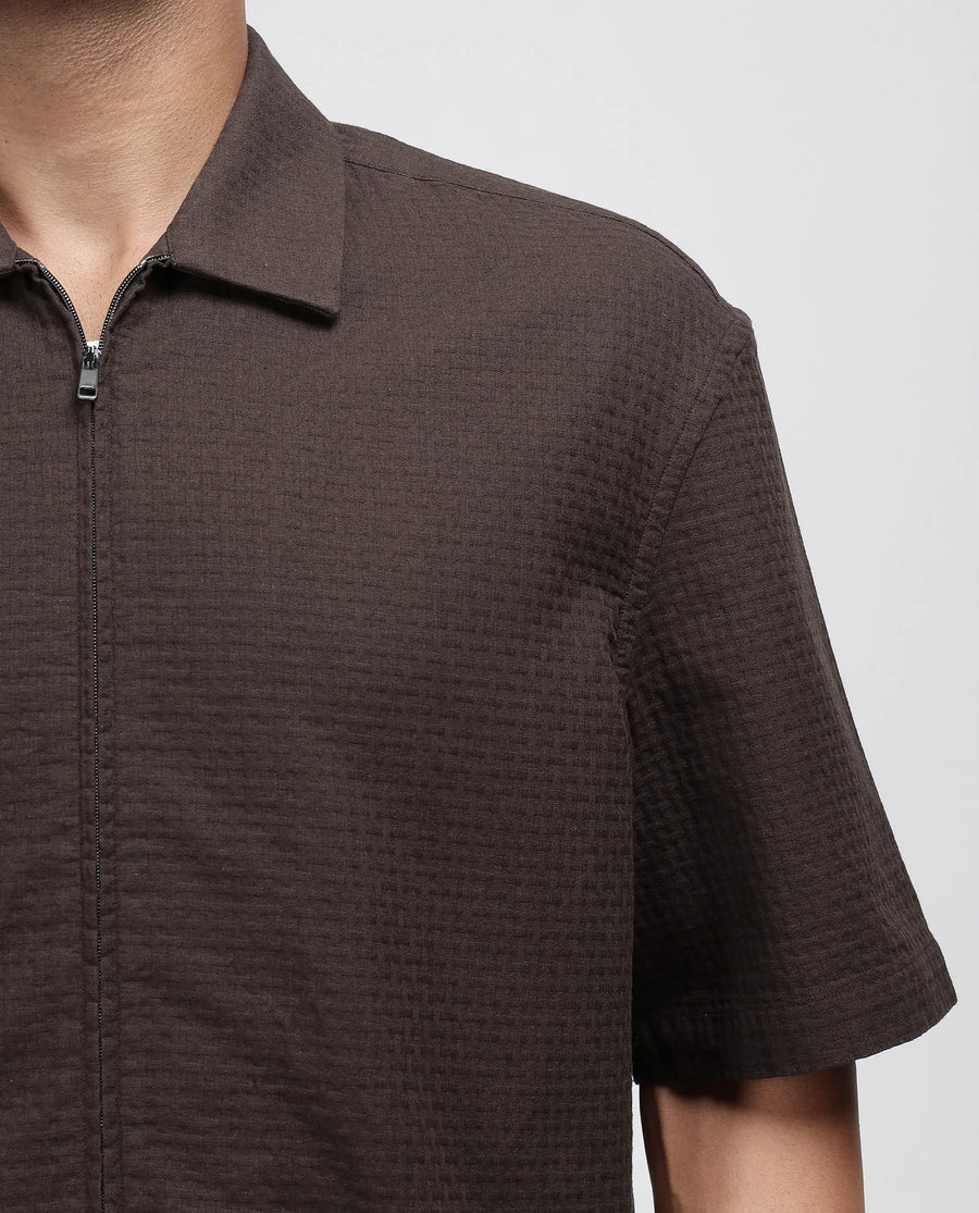 Rare Rabbit Men's Rics Dark Brown Cotton Textured Boxy Fit Half Sleeve Collared Shirt