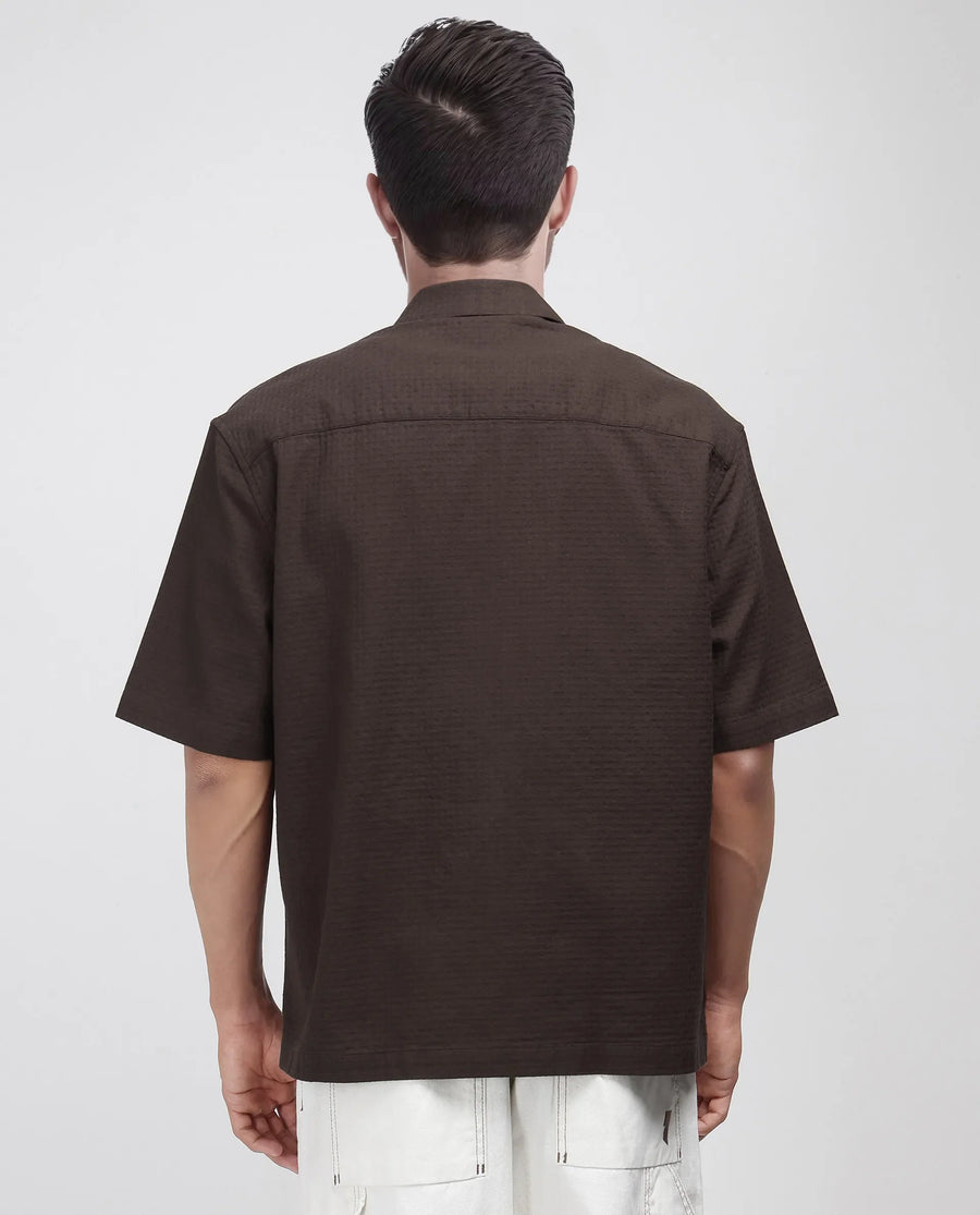 Rare Rabbit Men's Rics Dark Brown Cotton Textured Boxy Fit Half Sleeve Collared Shirt