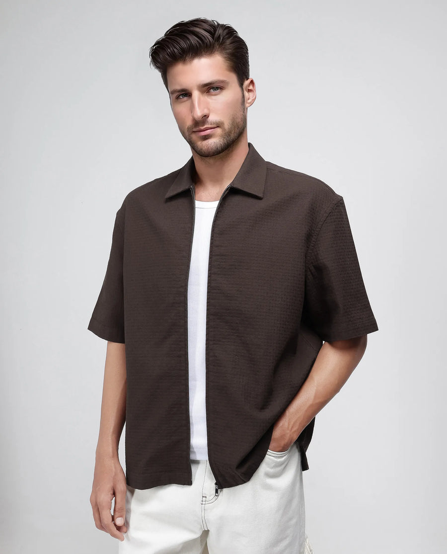 Rare Rabbit Men's Rics Dark Brown Cotton Textured Boxy Fit Half Sleeve Collared Shirt