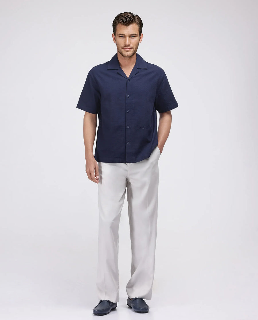 Rare Rabbit Men's Rics Navy Cotton Textured Boxy Fit Half Sleeve Collared Shirt