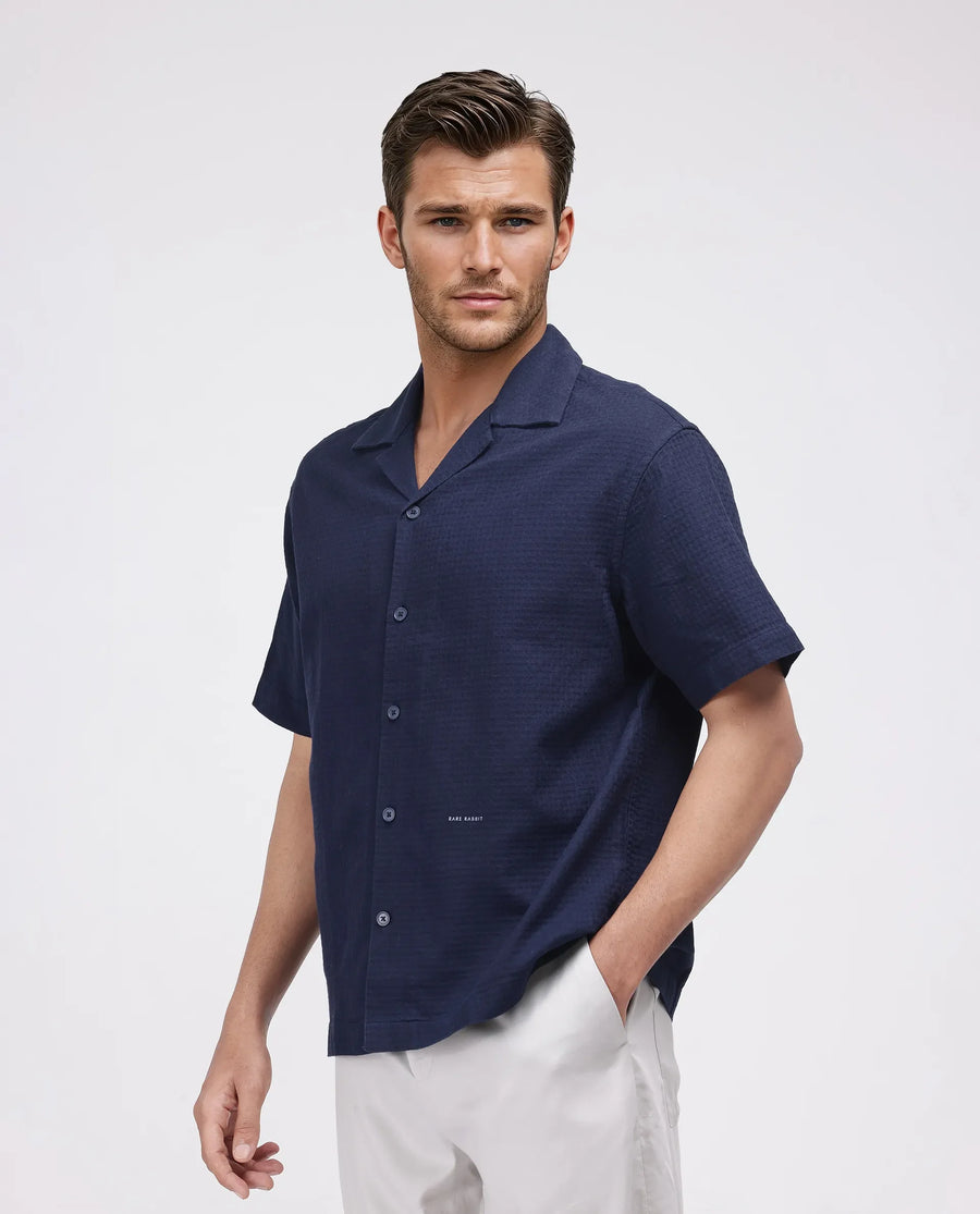 Rare Rabbit Men's Rics Navy Cotton Textured Boxy Fit Half Sleeve Collared Shirt
