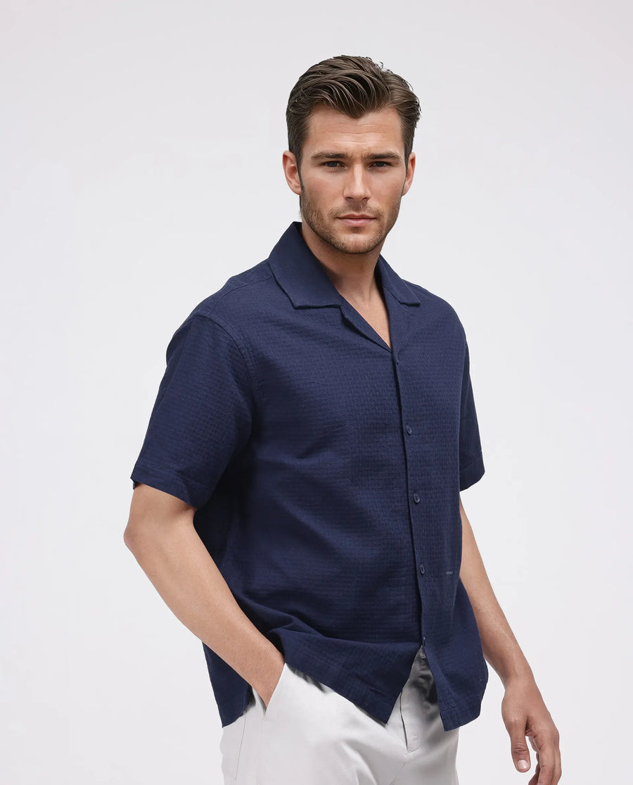 Rare Rabbit Men's Rics Navy Cotton Textured Boxy Fit Half Sleeve Collared Shirt