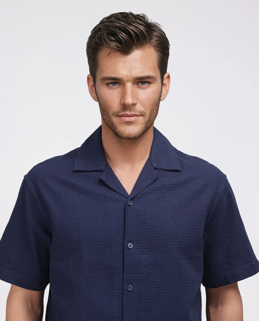Rare Rabbit Men's Rics Navy Cotton Textured Boxy Fit Half Sleeve Collared Shirt
