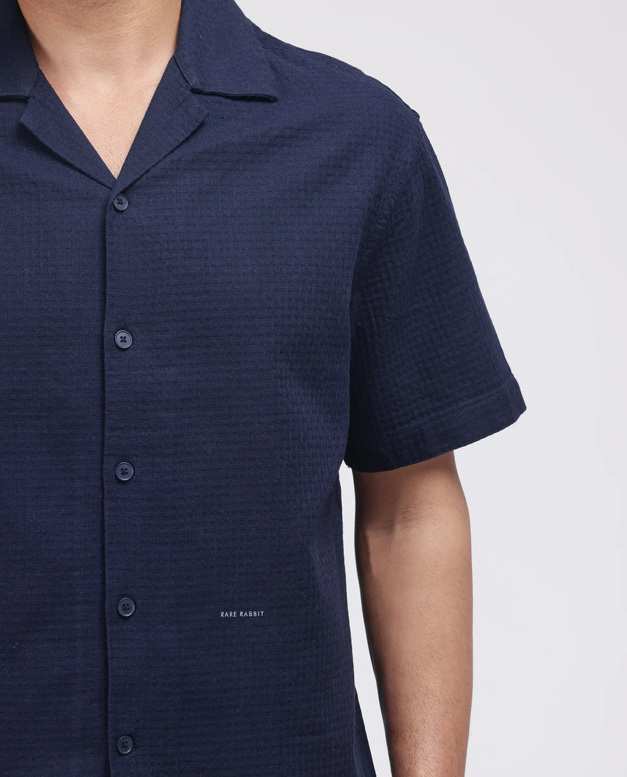 Rare Rabbit Men's Rics Navy Cotton Textured Boxy Fit Half Sleeve Collared Shirt
