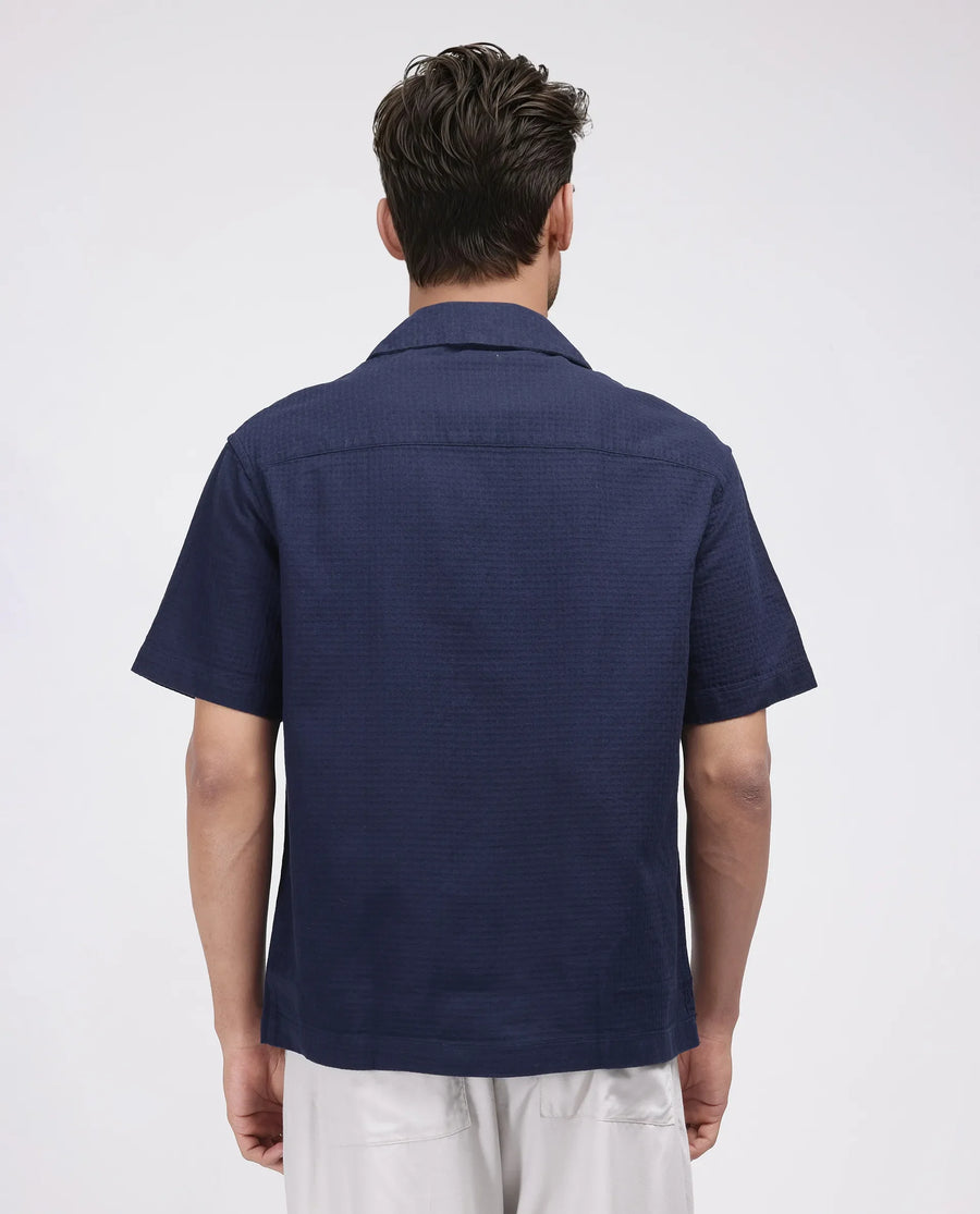 Rare Rabbit Men's Rics Navy Cotton Textured Boxy Fit Half Sleeve Collared Shirt