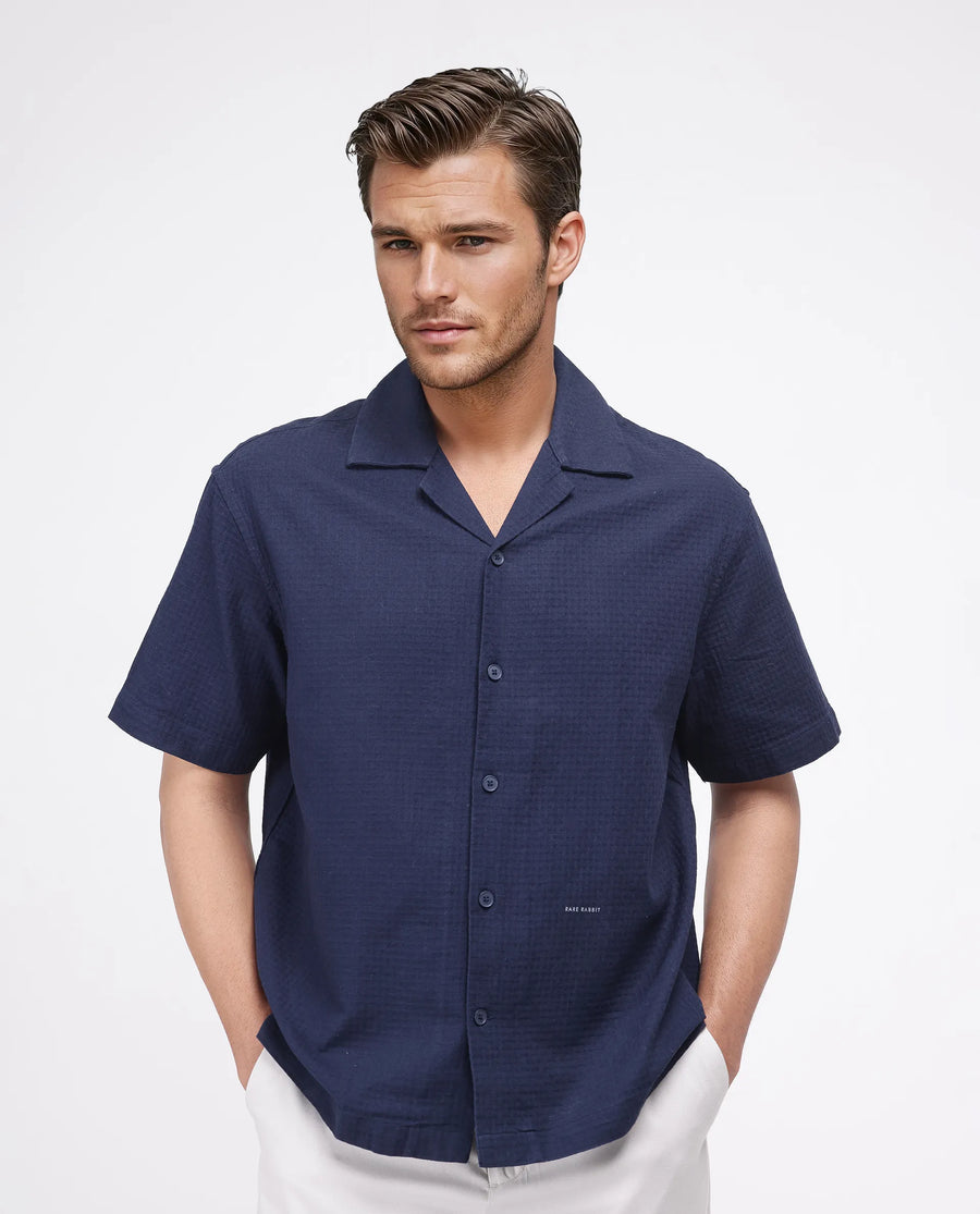 Rare Rabbit Men's Rics Navy Cotton Textured Boxy Fit Half Sleeve Collared Shirt