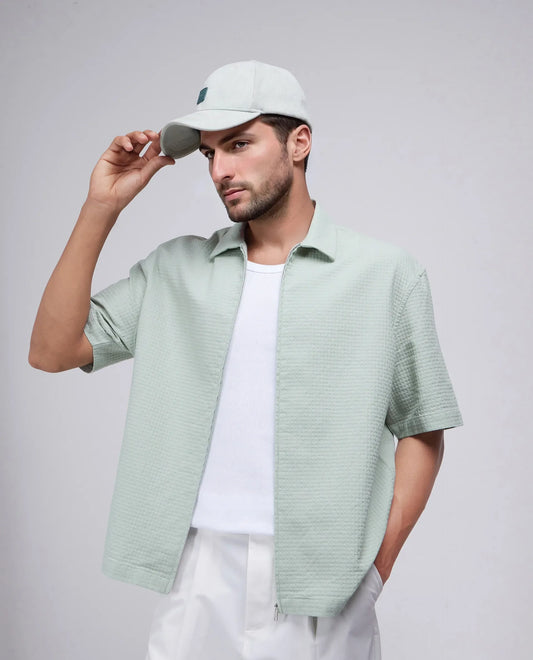 Rare Rabbit Men's Rics Pastel Green Cotton Textured Boxy Fit Half Sleeve Collared Shirt