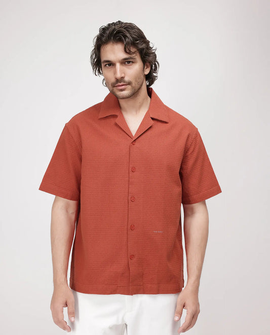 Rare Rabbit Men's Rics Rust Cotton Textured Boxy Fit Half Sleeve Cuban Collar Shirt
