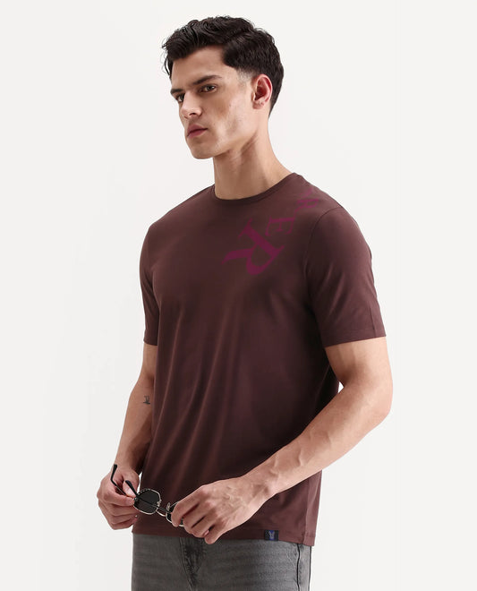 Rare Rabbit Men's Rida Dark Brown Cotton Blend Fabric Crew Neck Regular Graphic Print T-Shirt