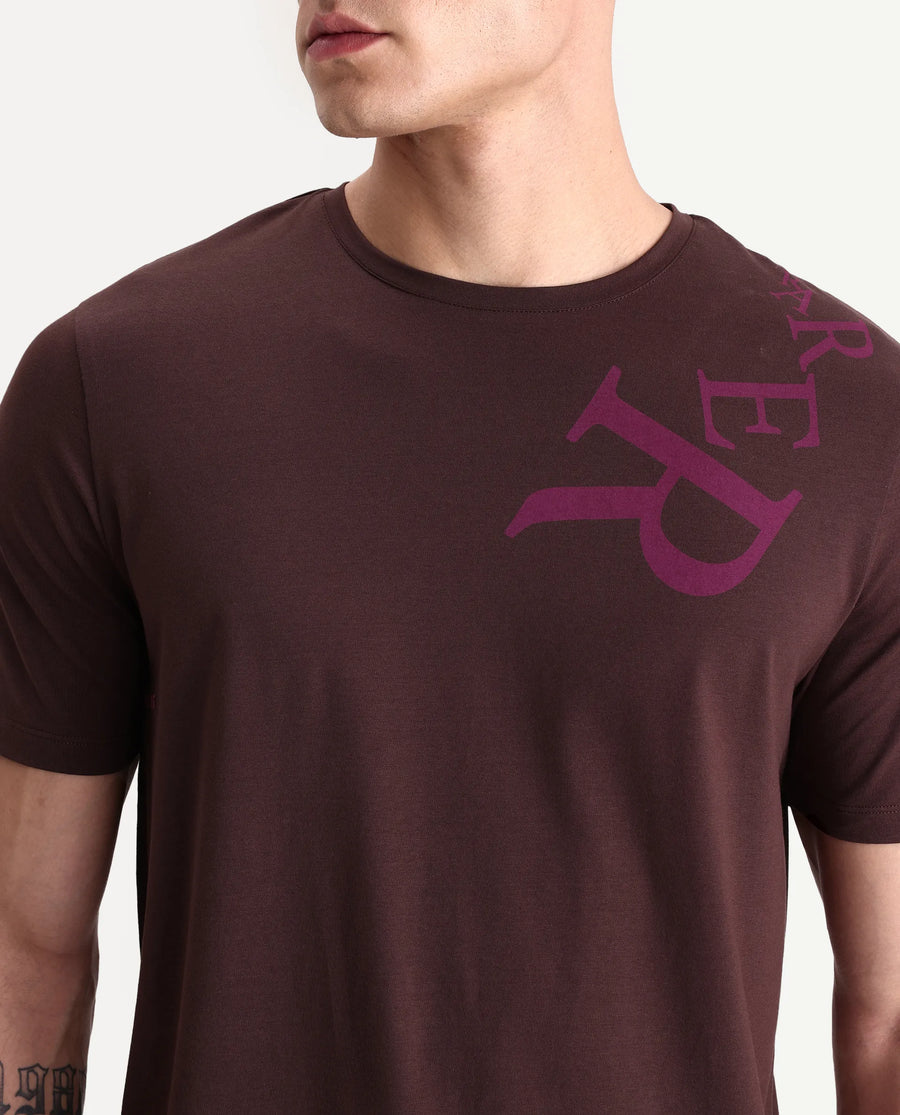 Rare Rabbit Men's Rida Dark Brown Cotton Blend Fabric Crew Neck Regular Graphic Print T-Shirt