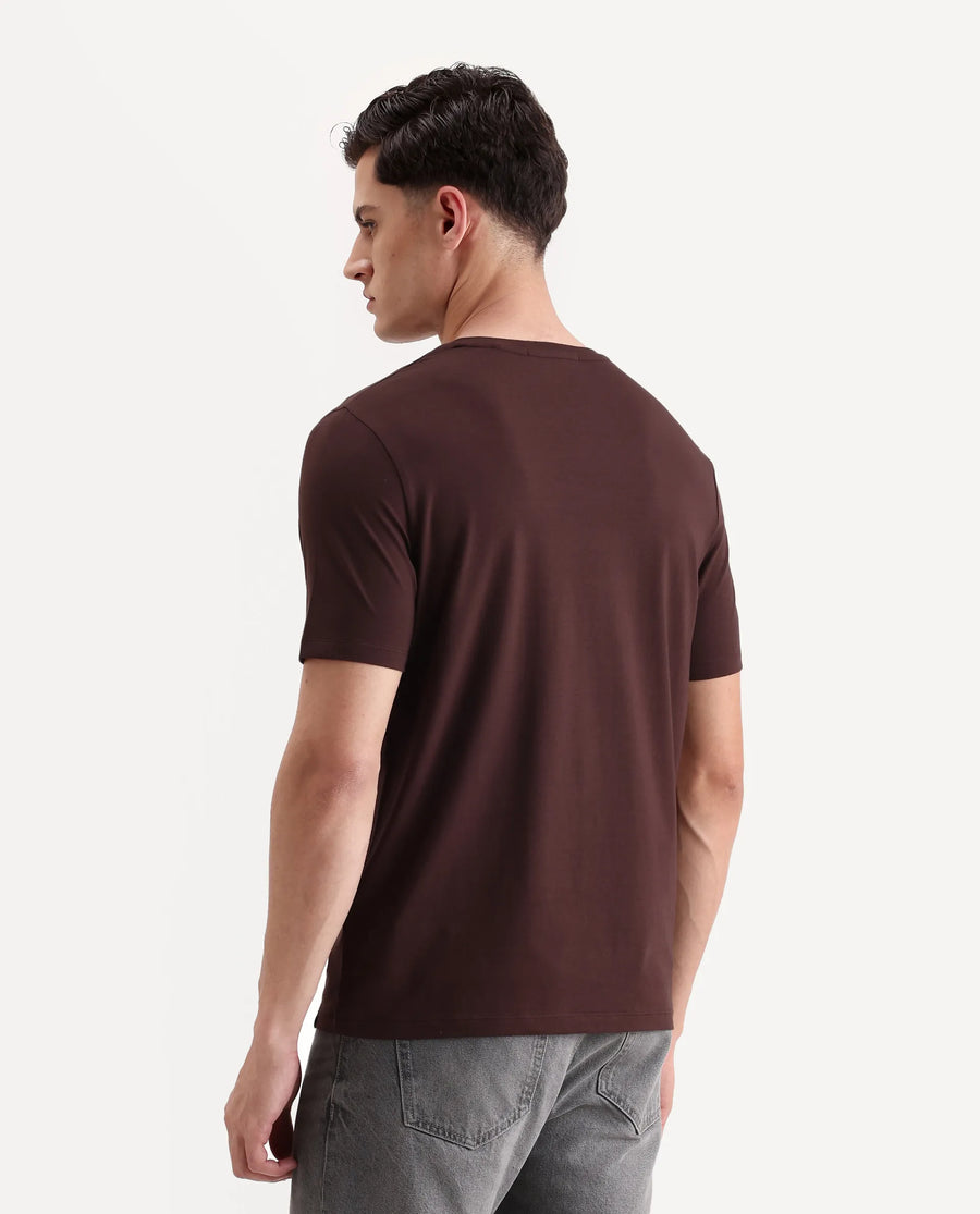 Rare Rabbit Men's Rida Dark Brown Cotton Blend Fabric Crew Neck Regular Graphic Print T-Shirt