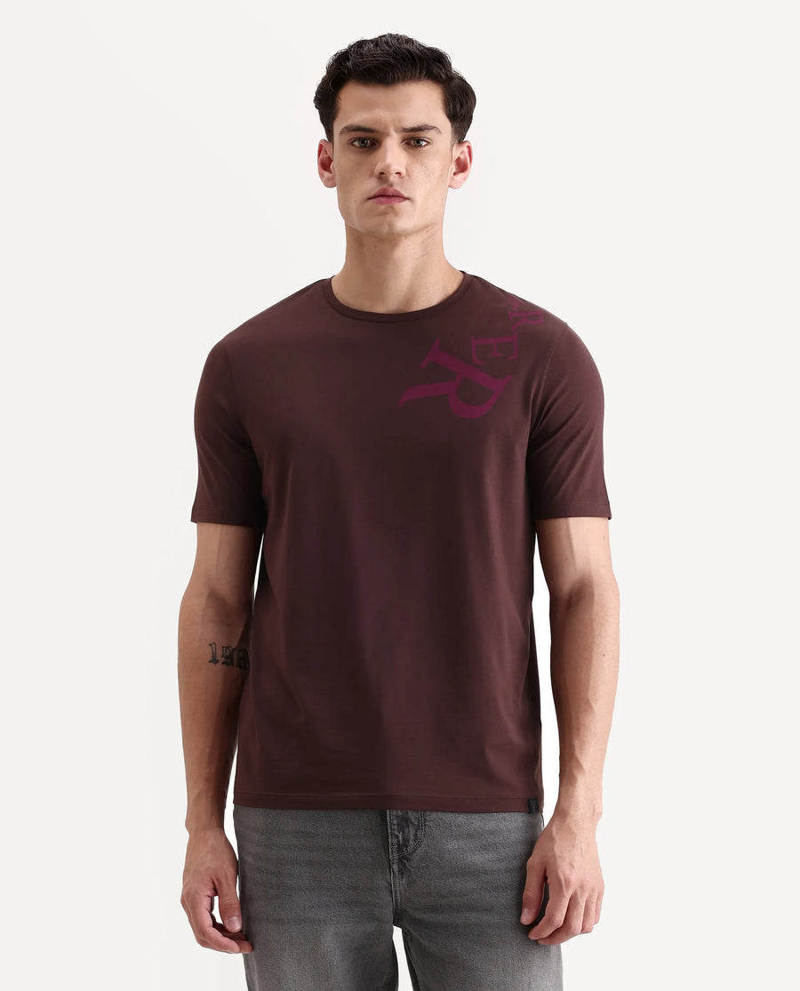 Rare Rabbit Men's Rida Dark Brown Cotton Blend Fabric Crew Neck Regular Graphic Print T-Shirt