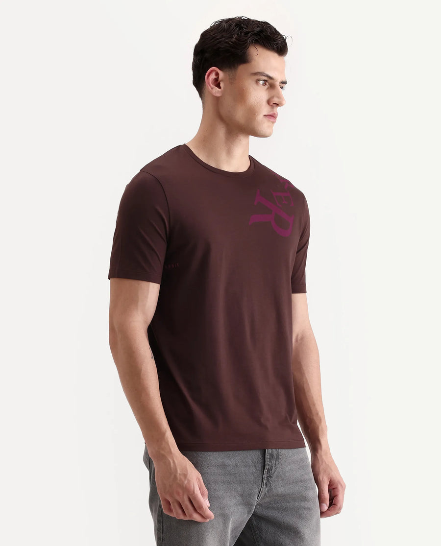 Rare Rabbit Men's Rida Dark Brown Cotton Blend Fabric Crew Neck Regular Graphic Print T-Shirt