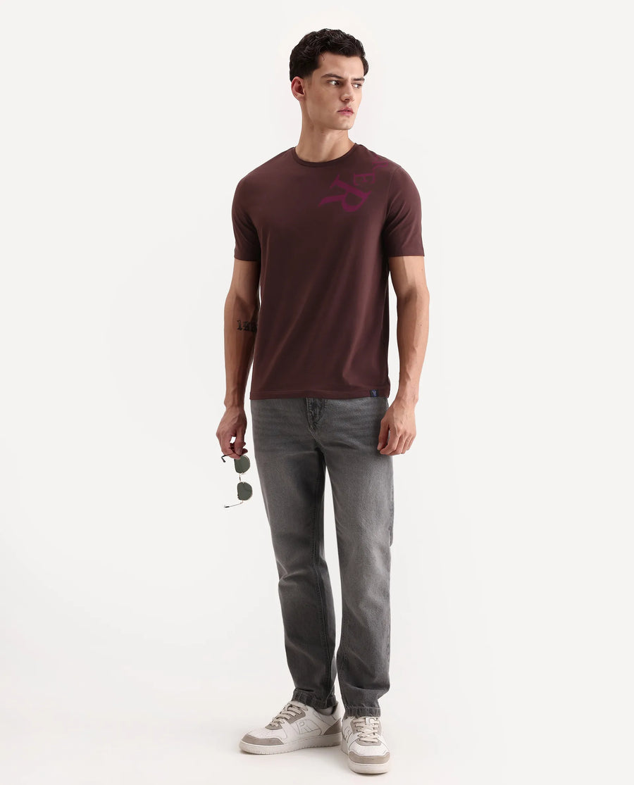 Rare Rabbit Men's Rida Dark Brown Cotton Blend Fabric Crew Neck Regular Graphic Print T-Shirt