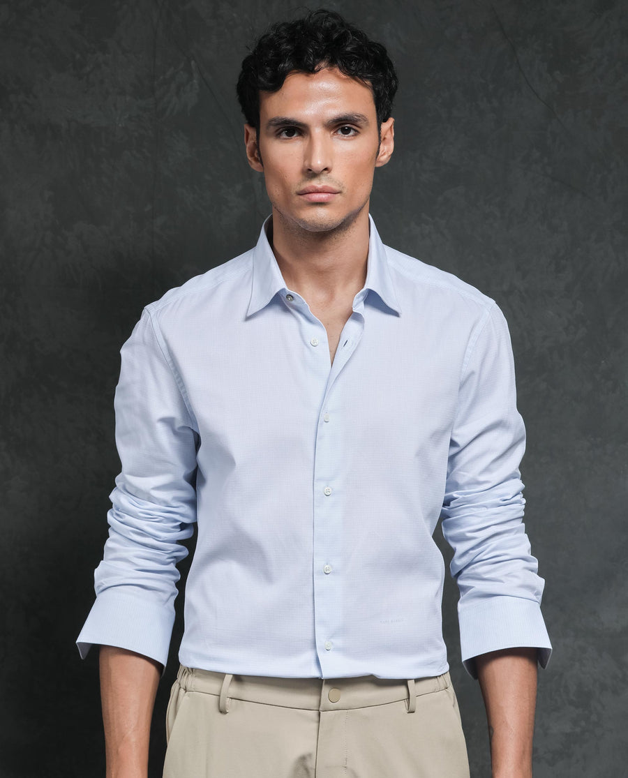 Rare Rabbit Men's Ridge Light Blue Cotton Checked Print Tailored Fit Full Sleeve Collared Shirt