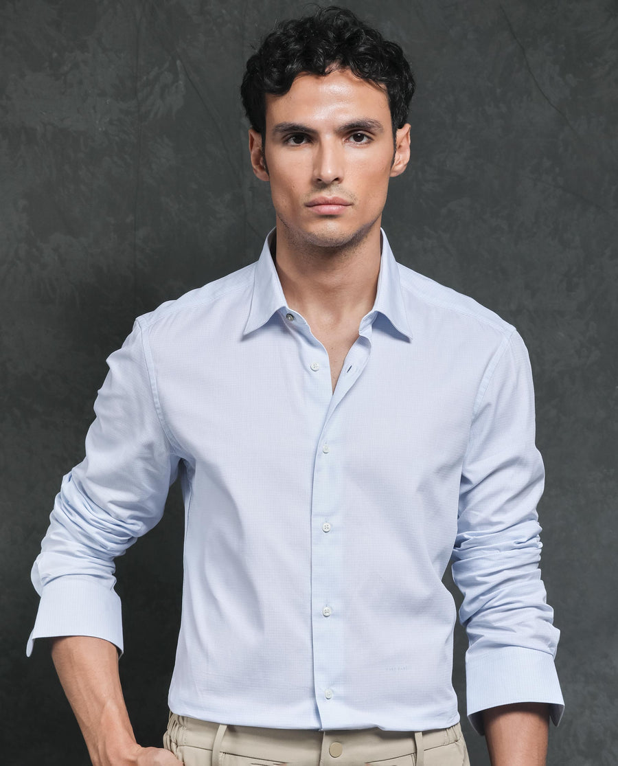 Rare Rabbit Men's Ridge Light Blue Cotton Checked Print Tailored Fit Full Sleeve Collared Shirt