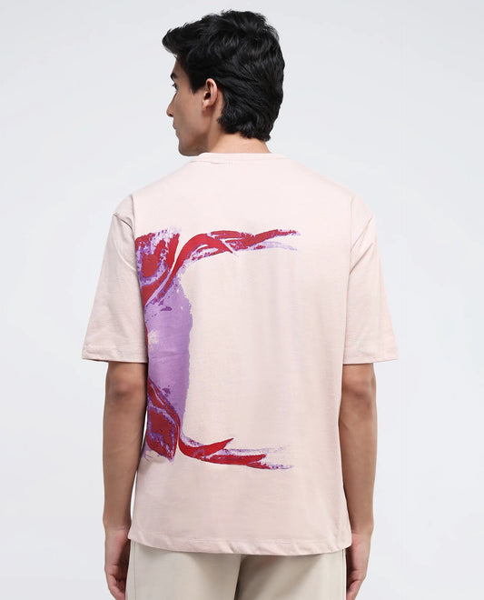 Rare Rabbit Men's Rigy Pastel Pink Cotton Graphic Print Oversized Fit Half Sleeve Crew Neck T-Shirt