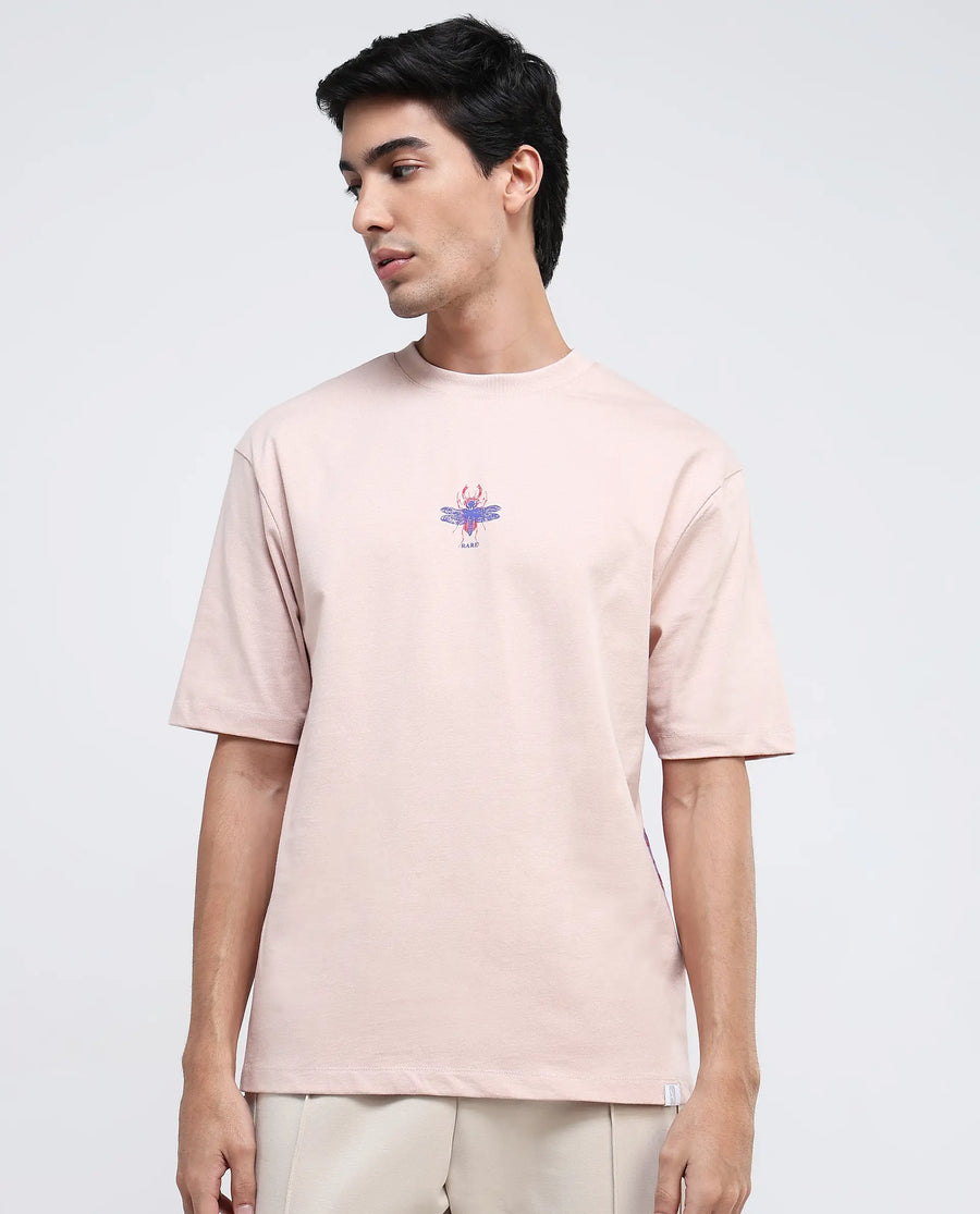 Rare Rabbit Men's Rigy Pastel Pink Cotton Graphic Print Oversized Fit Half Sleeve Crew Neck T-Shirt