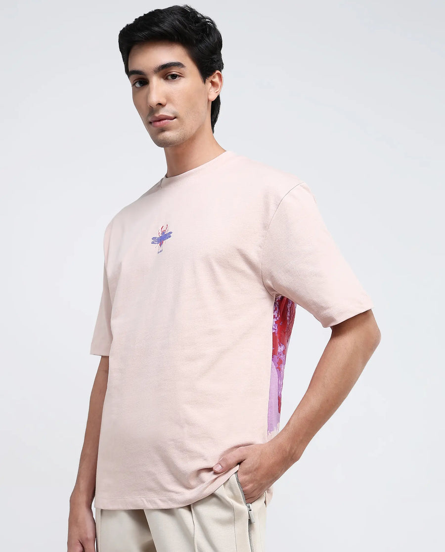 Rare Rabbit Men's Rigy Pastel Pink Cotton Graphic Print Oversized Fit Half Sleeve Crew Neck T-Shirt