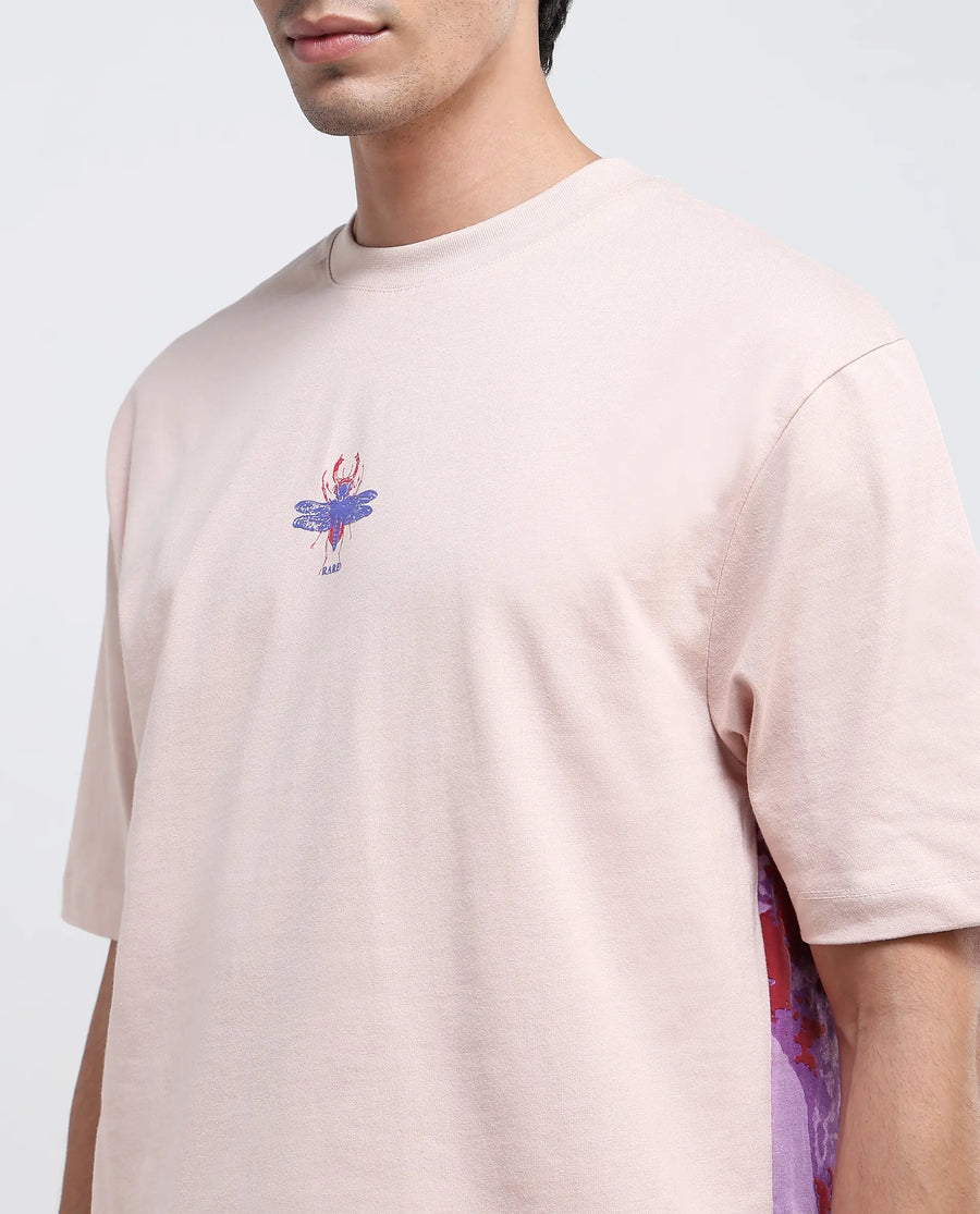 Rare Rabbit Men's Rigy Pastel Pink Cotton Graphic Print Oversized Fit Half Sleeve Crew Neck T-Shirt