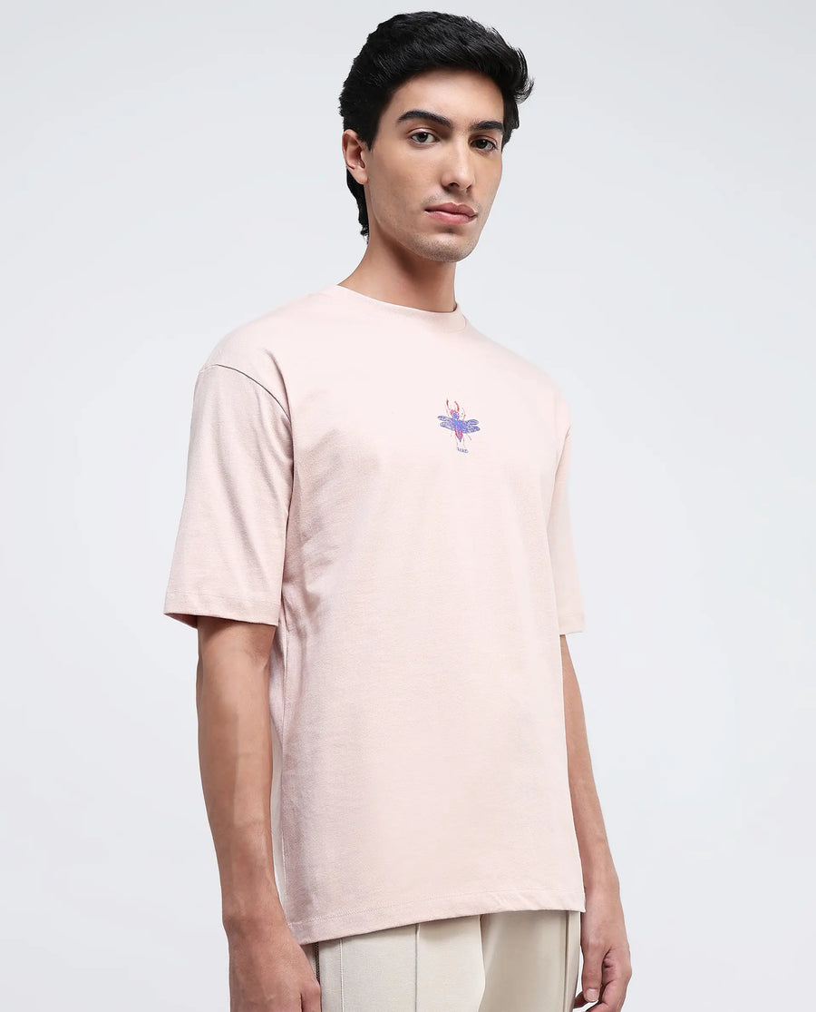 Rare Rabbit Men's Rigy Pastel Pink Cotton Graphic Print Oversized Fit Half Sleeve Crew Neck T-Shirt