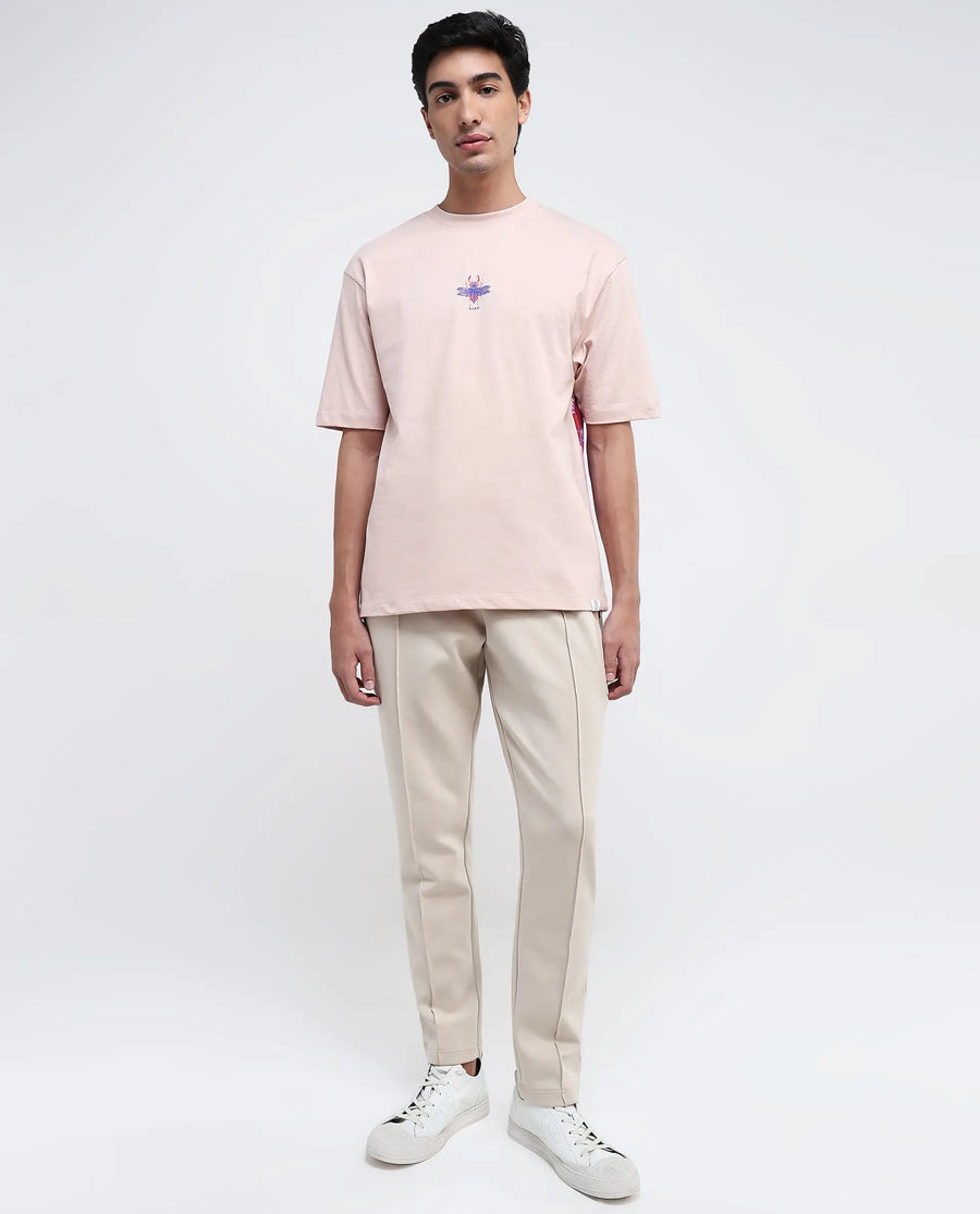 Rare Rabbit Men's Rigy Pastel Pink Cotton Graphic Print Oversized Fit Half Sleeve Crew Neck T-Shirt