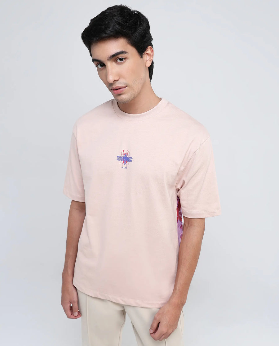 Rare Rabbit Men's Rigy Pastel Pink Cotton Graphic Print Oversized Fit Half Sleeve Crew Neck T-Shirt